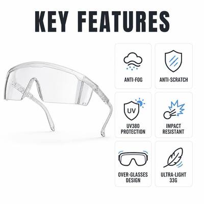 Industrial Protection Lenses Prescription Goggles CE ANSI Z87.1 Fashion Anti Fog Dust Working Stylish Clear Safety Glasses UV Protection Anti Scratch Anti Impact Indirect Vents Wrap Around Lightweight