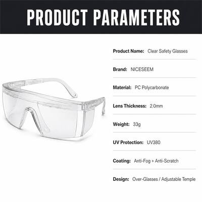 Industrial Protection Lenses Prescription Goggles CE ANSI Z87.1 Fashion Anti Fog Dust Working Stylish Clear Safety Glasses UV Protection Anti Scratch Anti Impact Indirect Vents Wrap Around Lightweight
