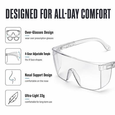 Industrial Protection Lenses Prescription Goggles CE ANSI Z87.1 Fashion Anti Fog Dust Working Stylish Clear Safety Glasses UV Protection Anti Scratch Anti Impact Indirect Vents Wrap Around Lightweight