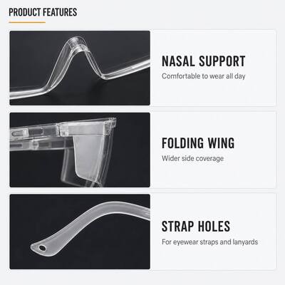 Custom Dust Clear Dark Lens Shield Trendy ANSI Z87 Unisex Impact Resistant Polycarbonate Safety Glasses Anti Fog Scratch Resistant Wrap Around Folding Wing Eye Protection Lab Work Construction Outdoor